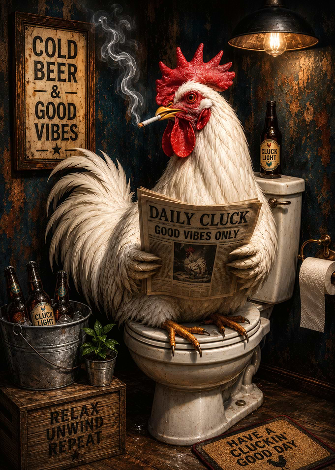 Funny Rooster Smoking on Toilet
