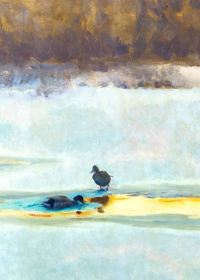 Pair of Ducks by an Ice Hole Winter Landscape Painting