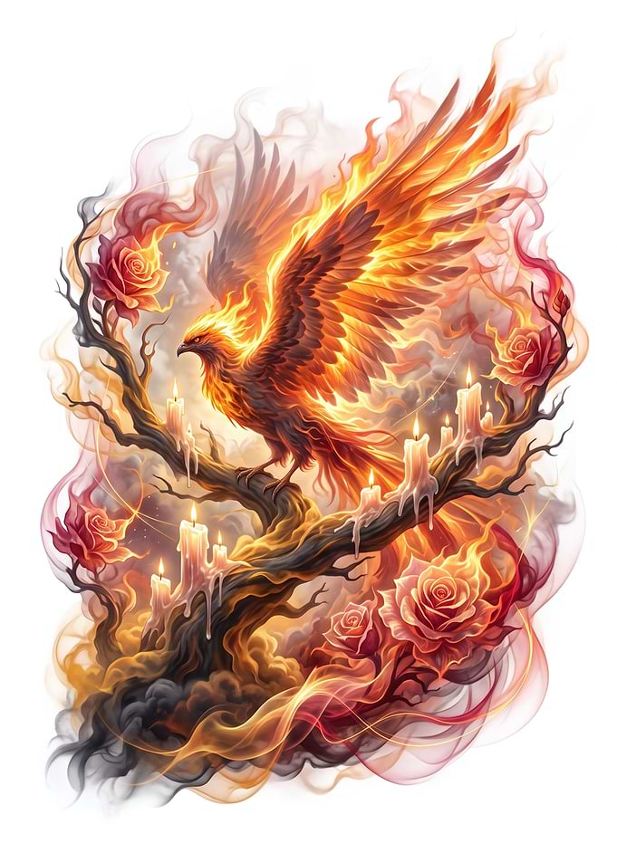 Fiery Phoenix Perched on Burning Branch