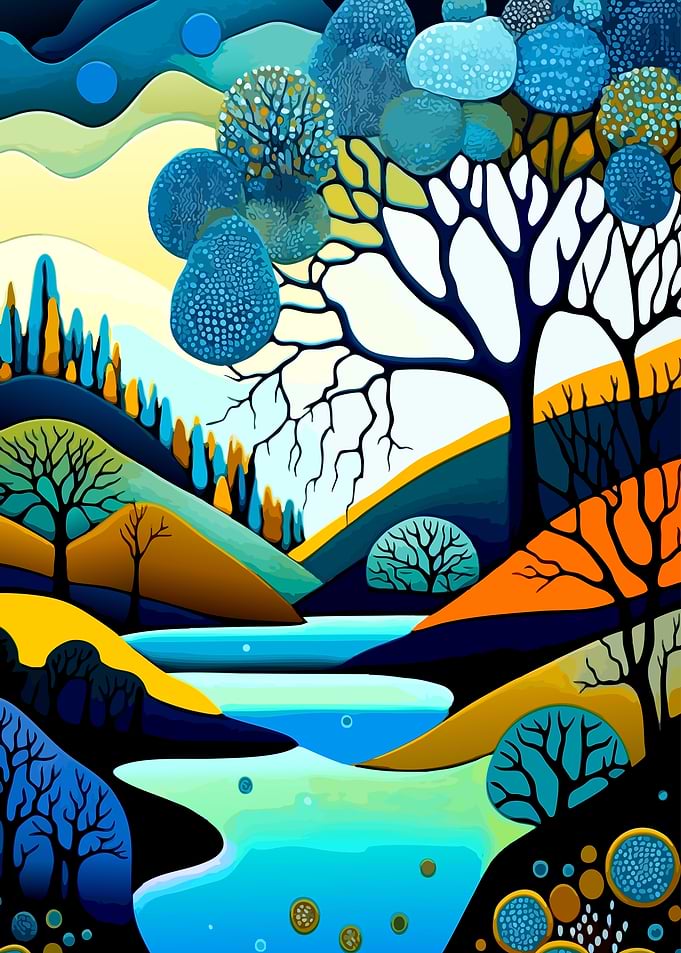 Abstract Stylized Landscape with River