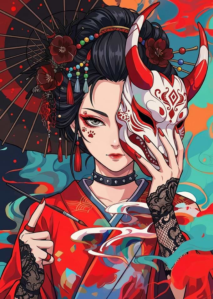 Anime Geisha with Oni Mask