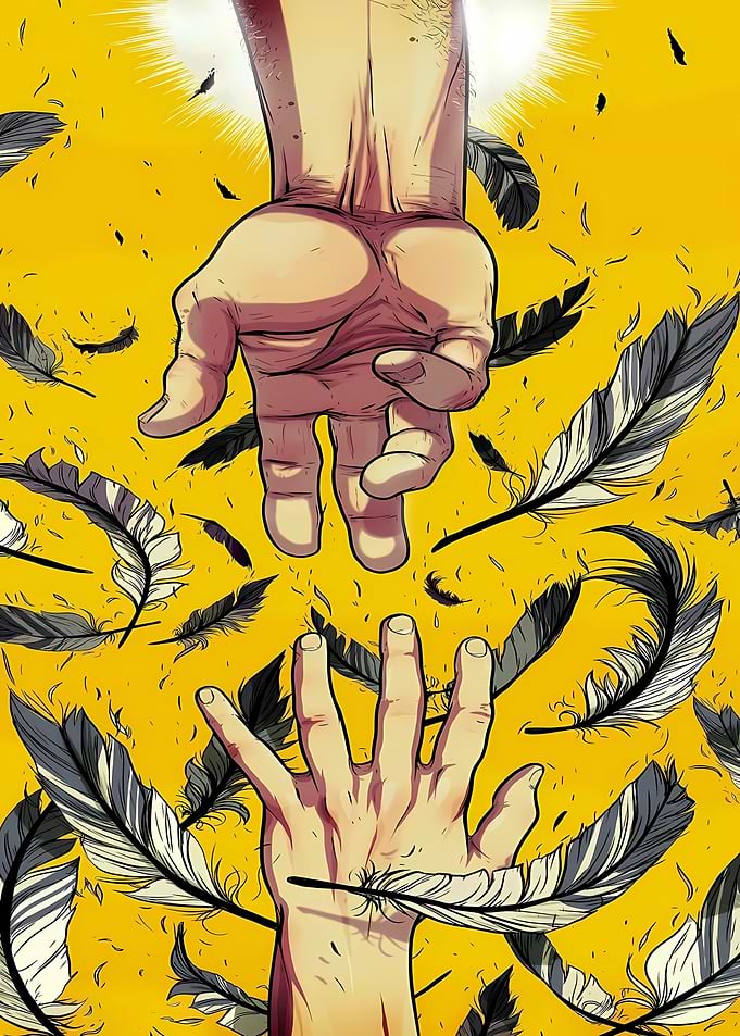 Reaching Hands with Falling Feathers