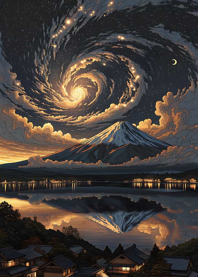 Mount Fuji Under Swirling Galaxy