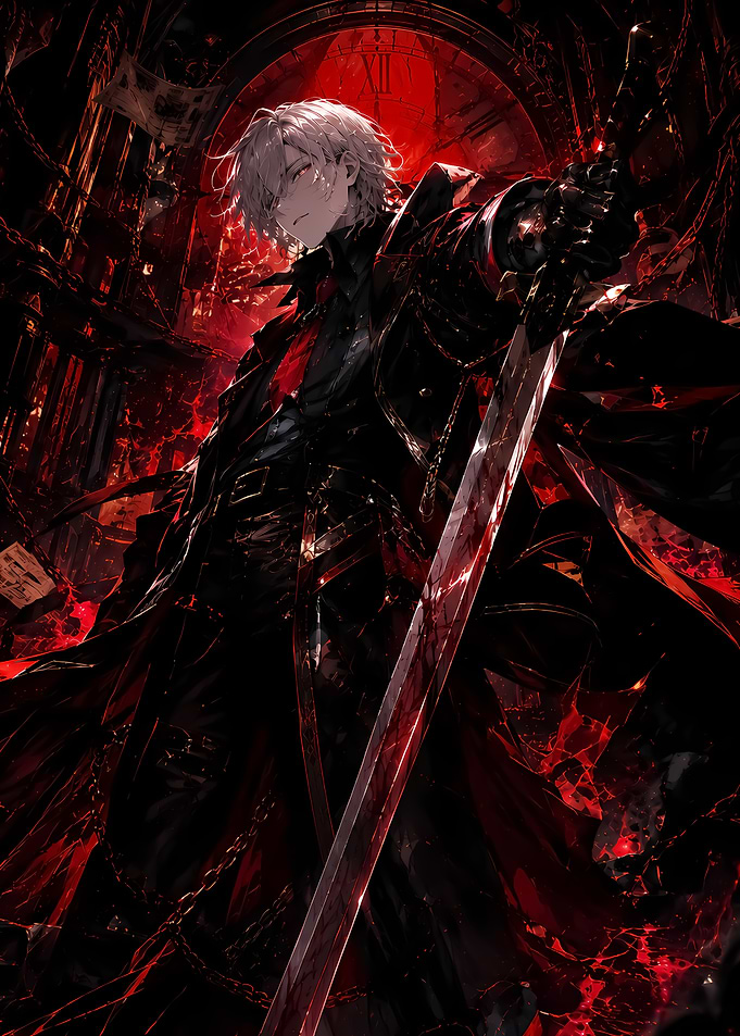 Anime Swordsman in Red Darkness
