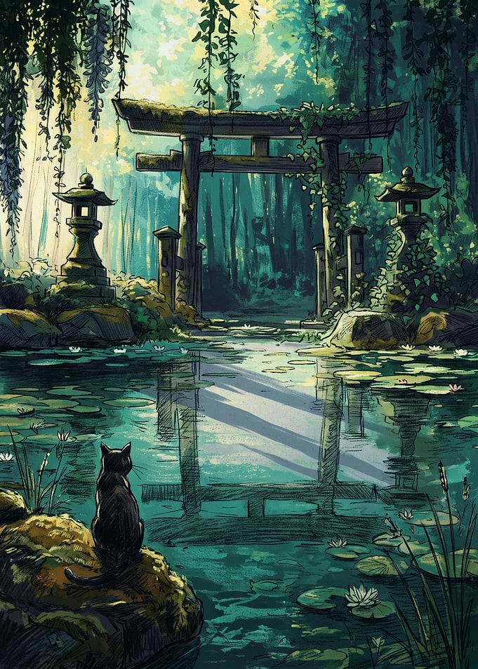 Black Cat at Japanese Torii Gate