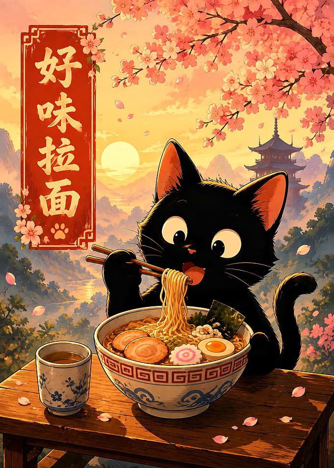 Cute Black Cat Eating Ramen