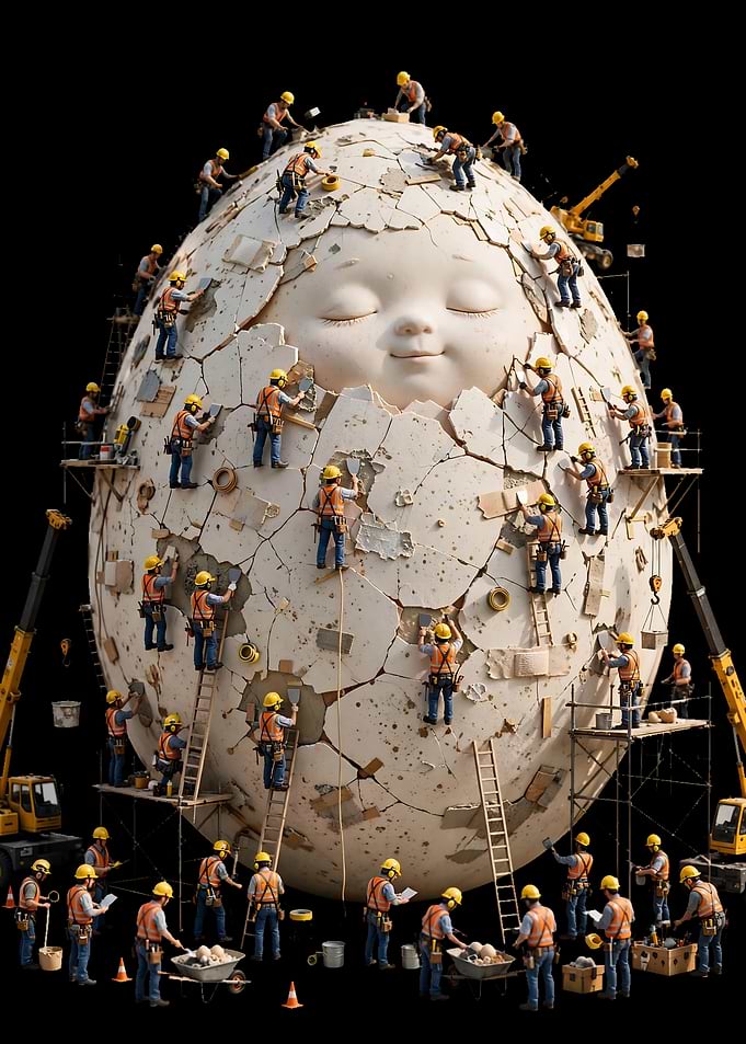 Construction Workers Repairing Giant Egg