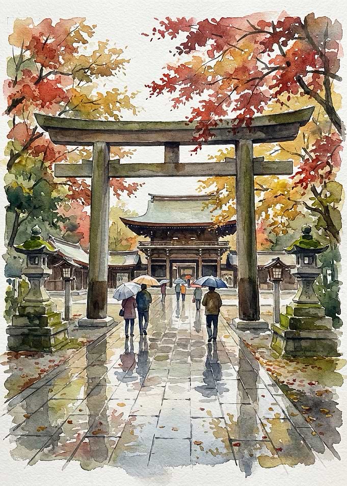 Watercolor Japanese Shrine in Autumn Rain