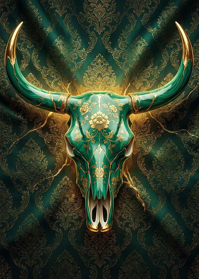 Ornate Emerald and Gold Bull Skull