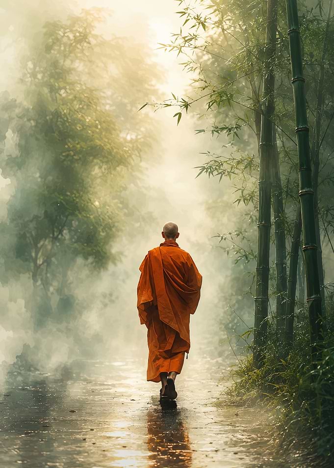 Monk Walking Through Misty Bamboo Forest