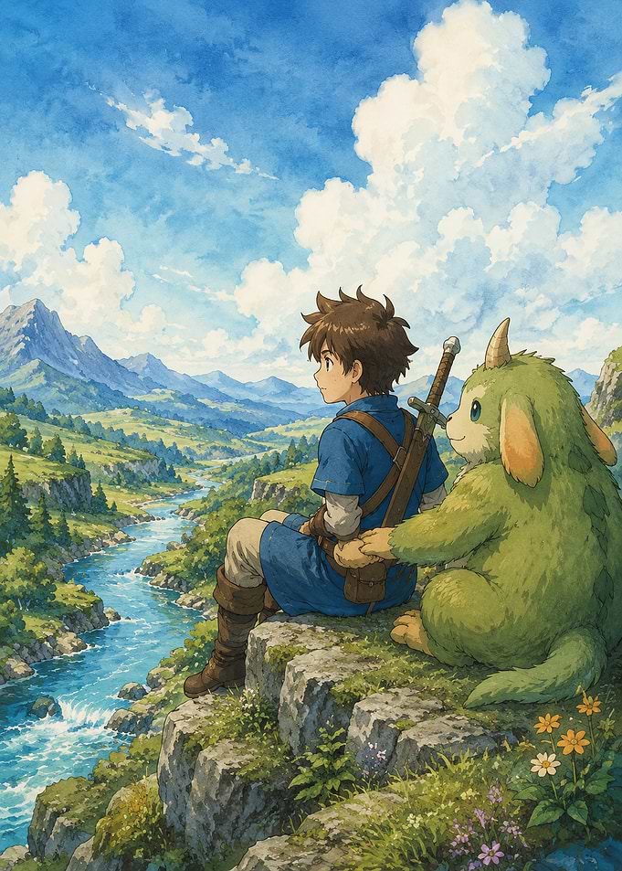 Adventurer and Creature Overlooking Valley