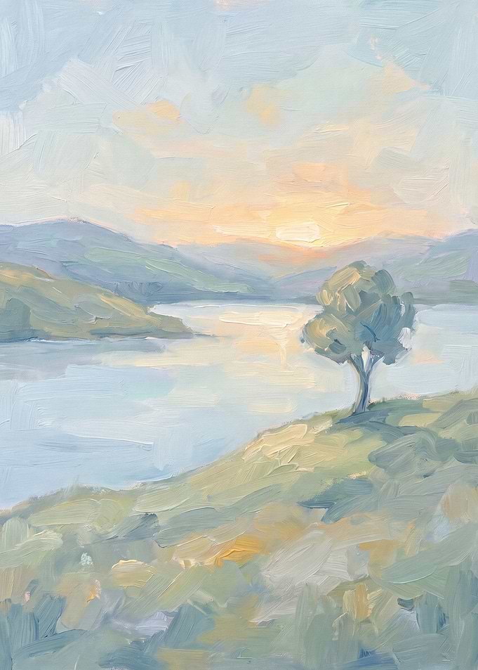 Impressionist Landscape Painting of Sunset Lake