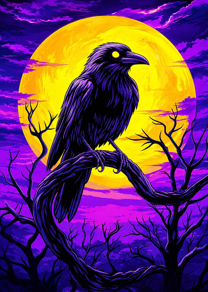 Glowing Raven Under Full Moon
