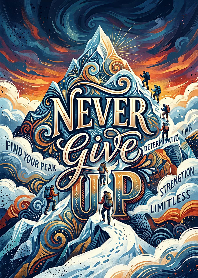 Never Give Up Mountain Climbing Poster