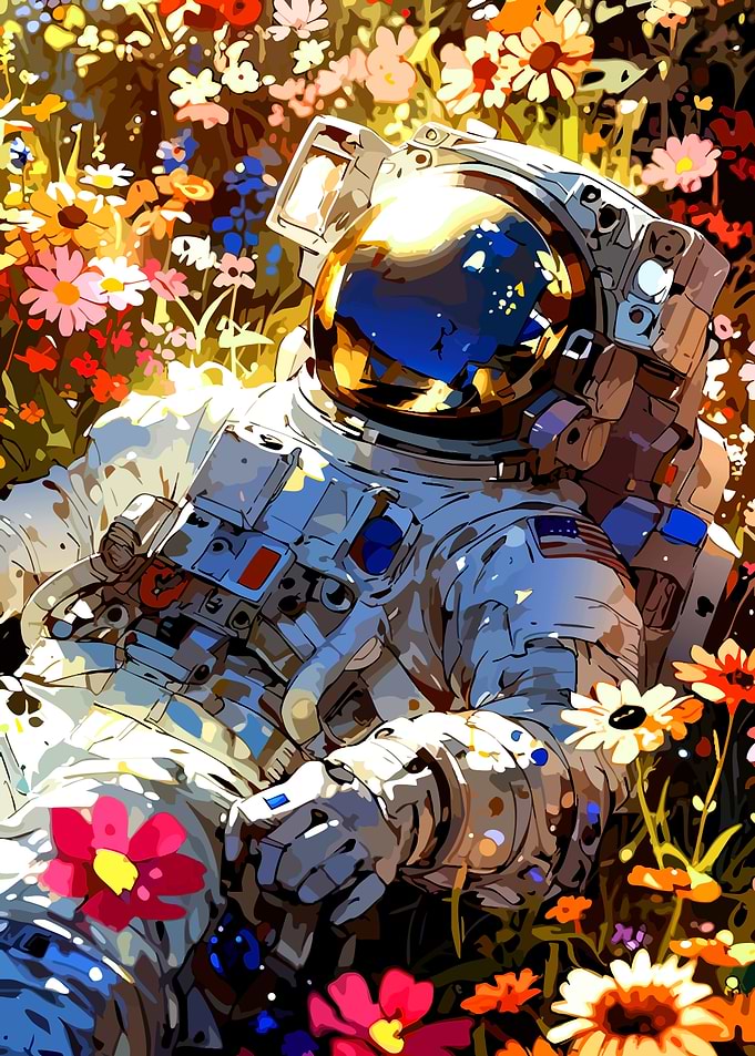 Astronaut Resting in a Flower Field