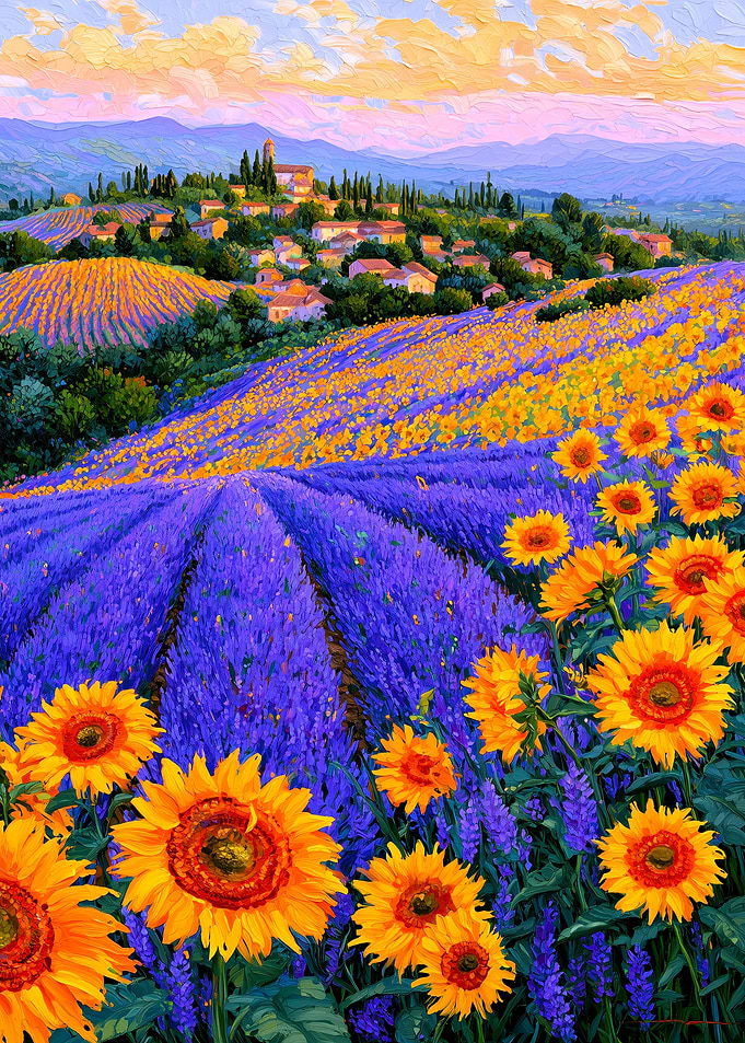 Sunflowers and Lavender Fields Landscape