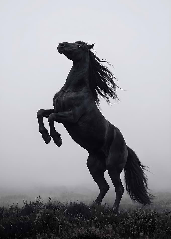 Majestic Black Horse Rearing in Fog