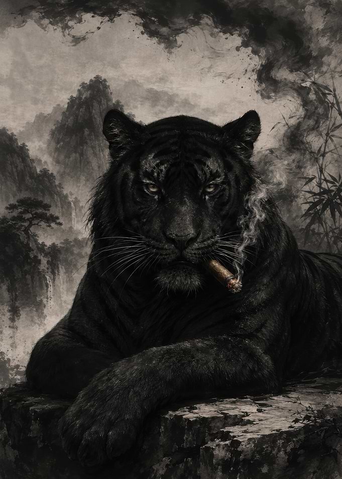 Black Tiger Smoking Cigar Portrait