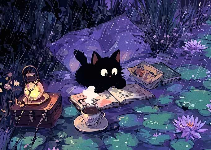 Cozy Black Cat Reading in Rain