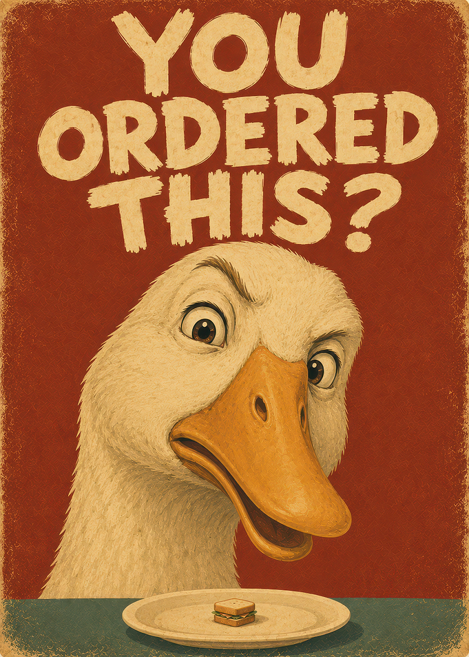 Funny Duck Questioning Tiny Sandwich