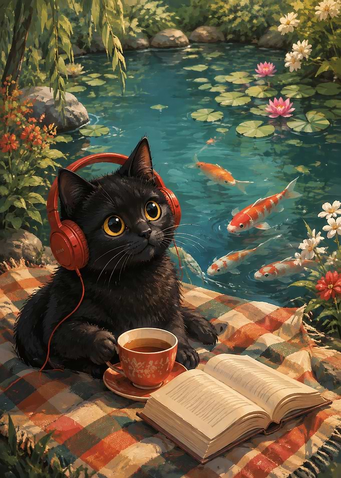 Black Cat Listening to Music by Pond