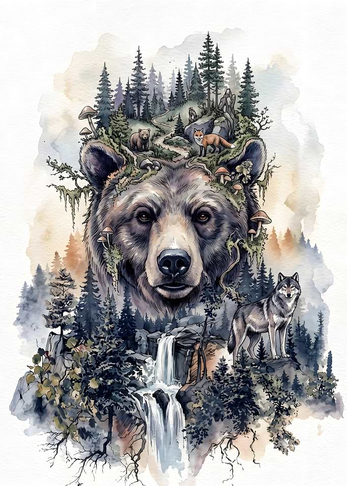 Double Exposure Bear Forest Illustration