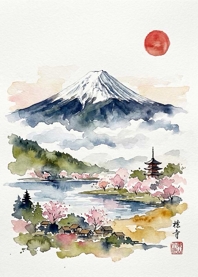 Watercolor Mount Fuji and Pagoda Landscape