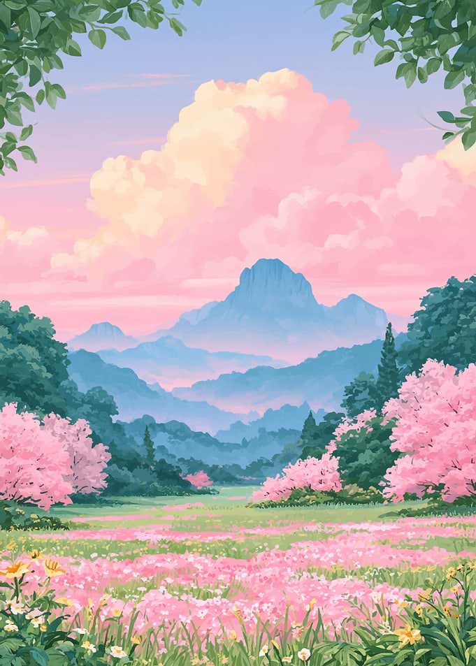 Dreamy Pink Mountain Meadow Landscape