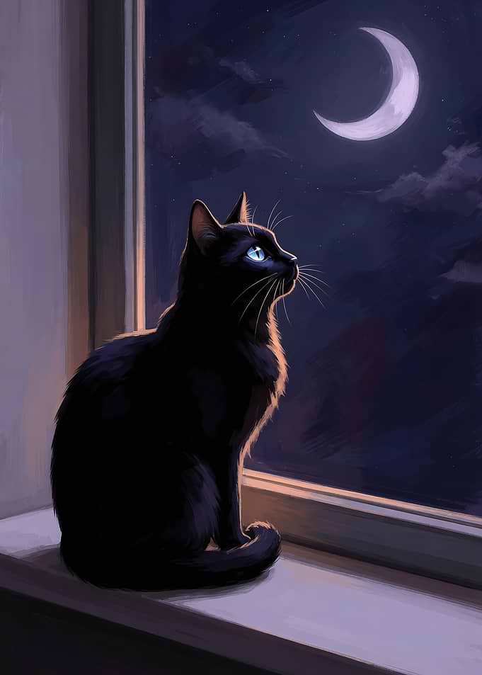 Midnight Black Cat Watching the Moon
