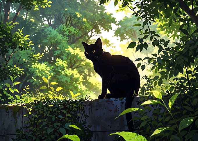 Black Cat Sitting in Lush Forest