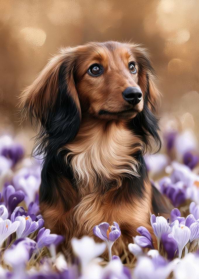 Long-Haired Dachshund in Crocus Field