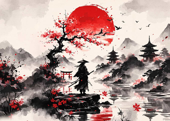 Samurai Standing Before Red Sun