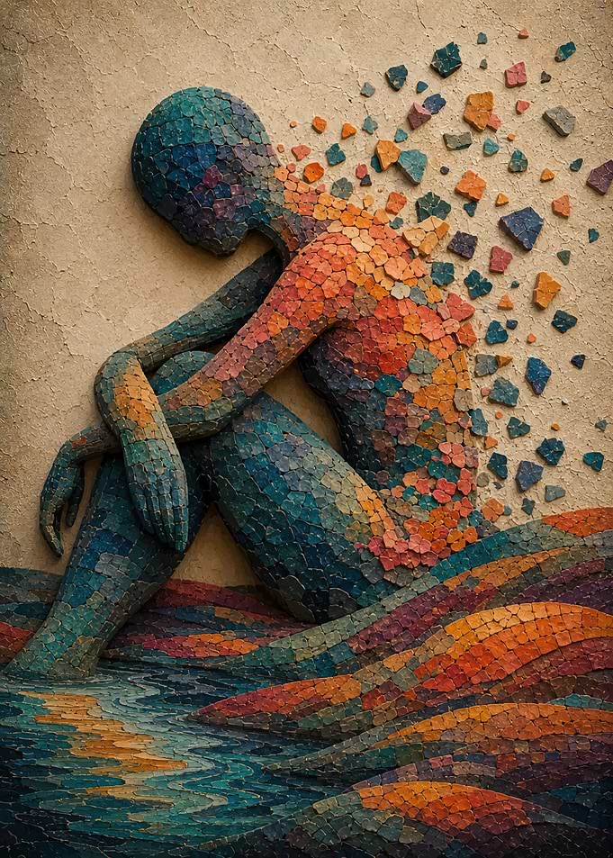 Mosaic Figure Disintegrating into Fragments