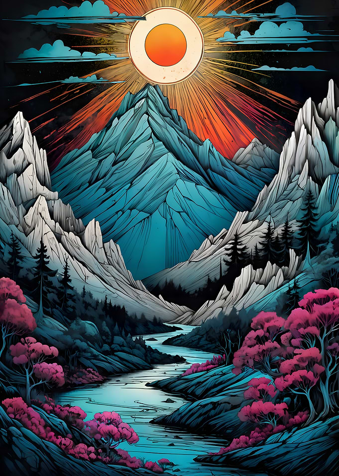 Vibrant Mountain Landscape with Radiant Sun