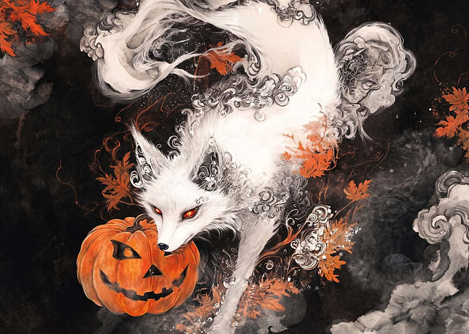 Mystical White Fox with Halloween Pumpkin