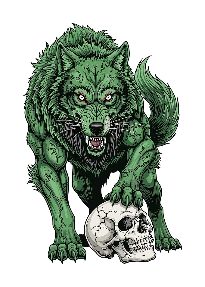 Aggressive Green Wolf with Skull