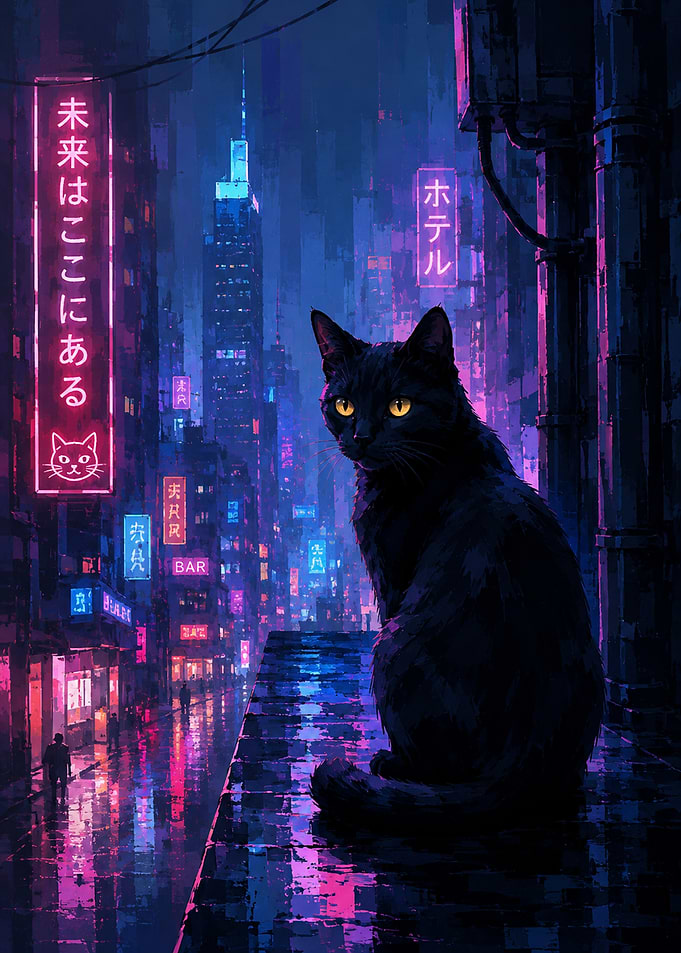 Black Cat in Cyberpunk City