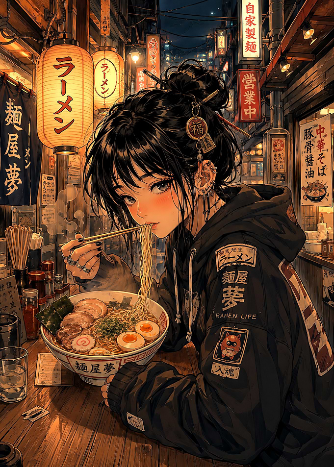 Anime Girl Eating Ramen in Alley