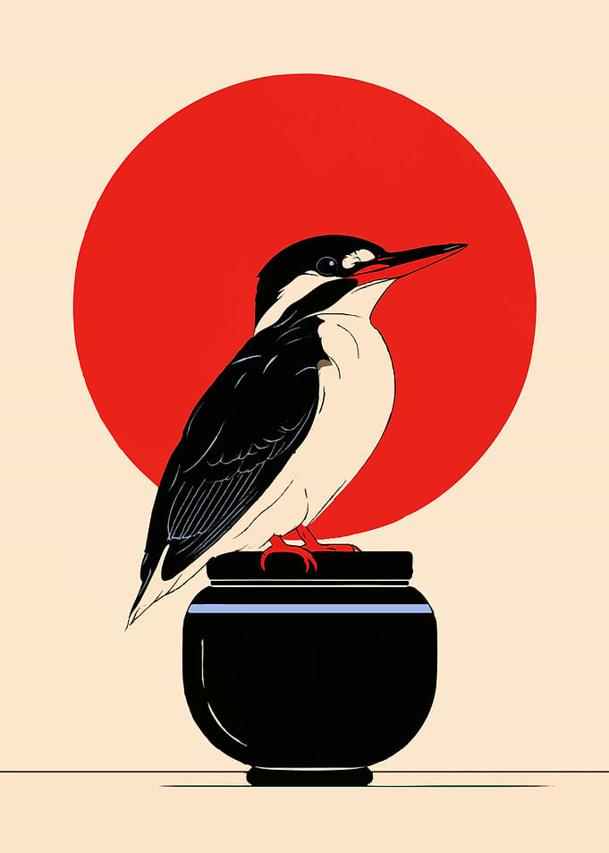 Minimalist Kingfisher on Black Pot