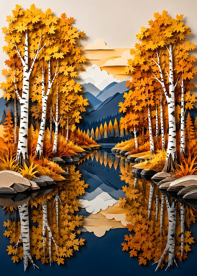 Mirror Lake Autumn Birch Trees Papercraft