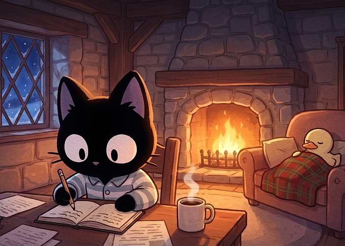 Cozy Black Cat Writing by Fireplace