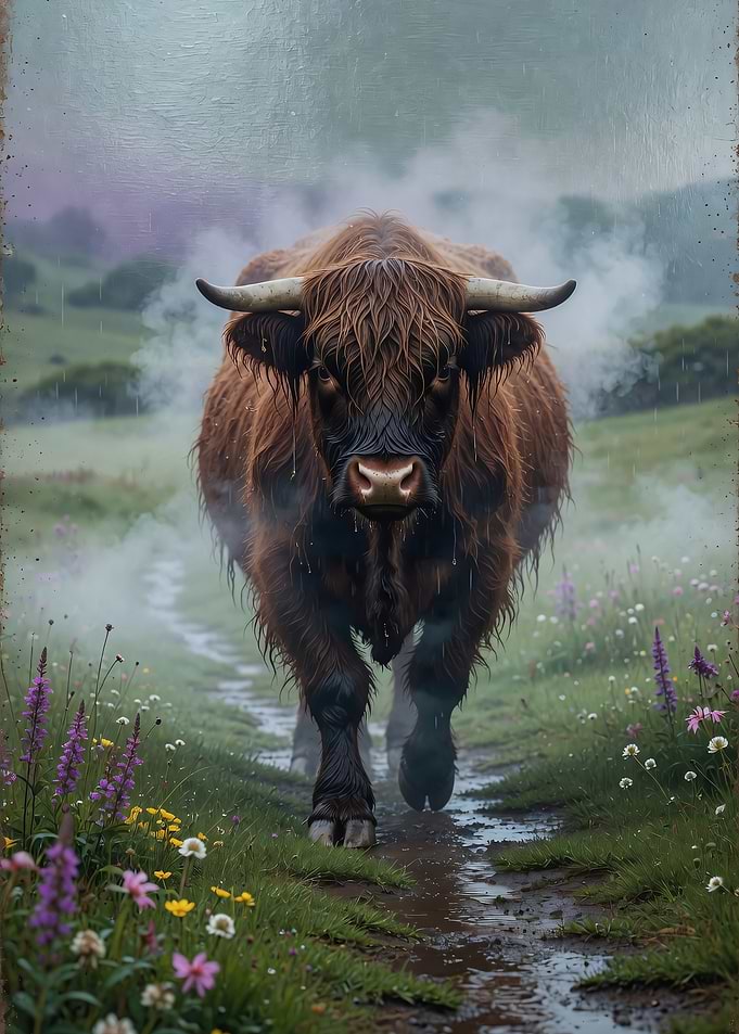 Highland Cow Walking Rainy Meadow Path