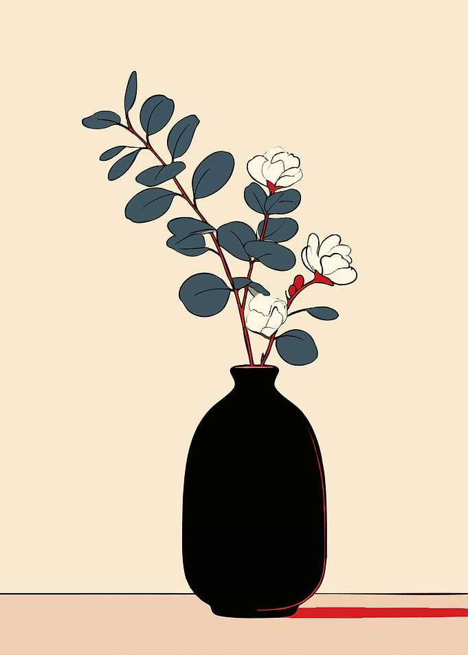 Minimalist Black Vase with White Flowers