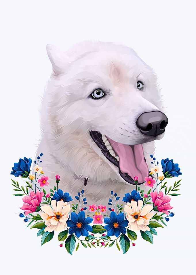 White Husky Portrait with Floral Wreath