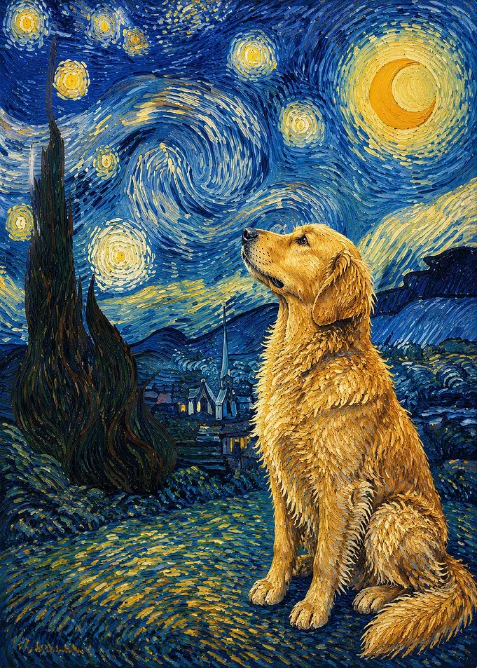 Golden Retriever in Starry Night