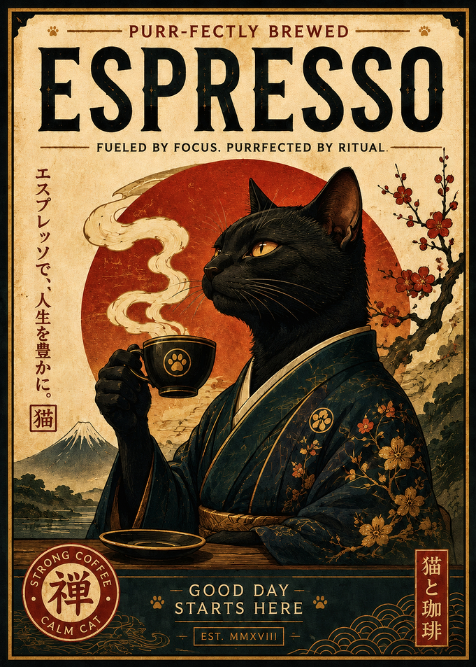 Vintage Japanese Cat Espresso Poster