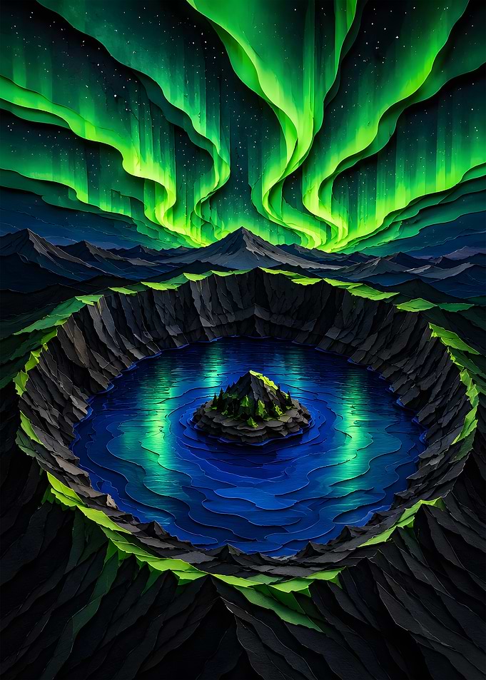 Crater Lake Starry Aurora Papercraft