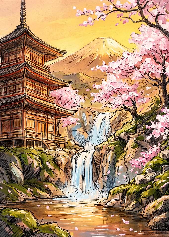 Japanese Pagoda and Waterfall Landscape