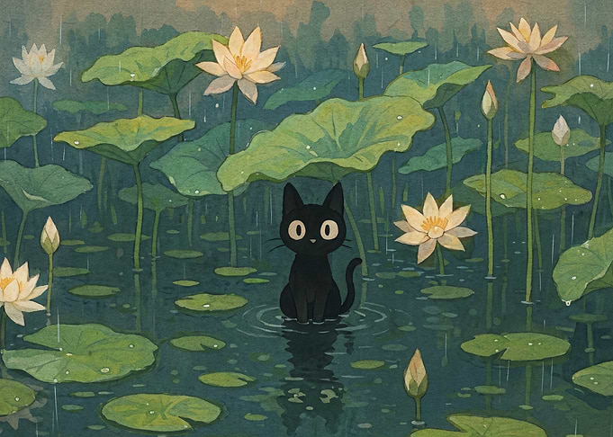 Black Cat in Rainy Lotus Pond