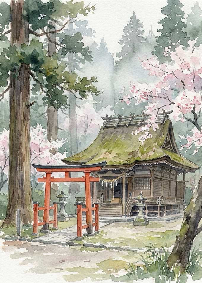 Watercolor Japanese Shrine in Forest